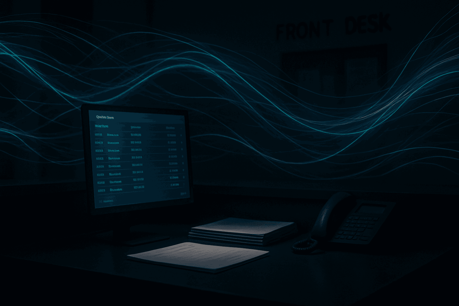 The same desk, calm: an ordered callback queue on screen, threads of teal light flowing like a neural network