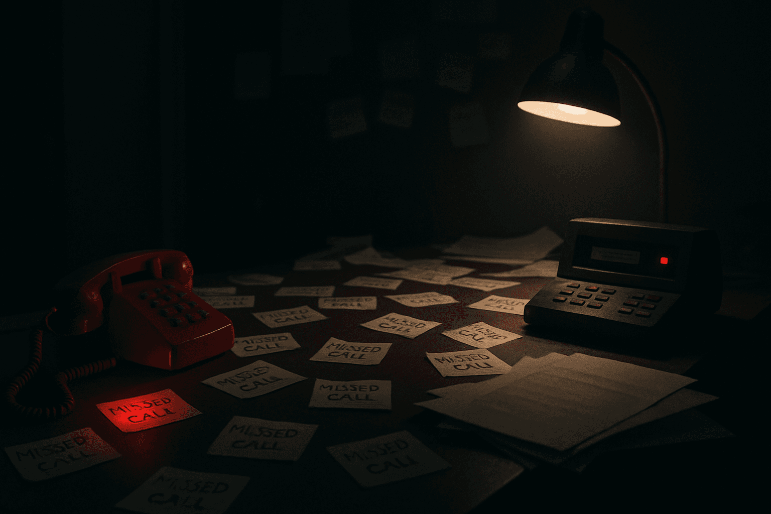 A chaotic front desk at night: phone off the hook, missed-call notes everywhere, answering machine blinking